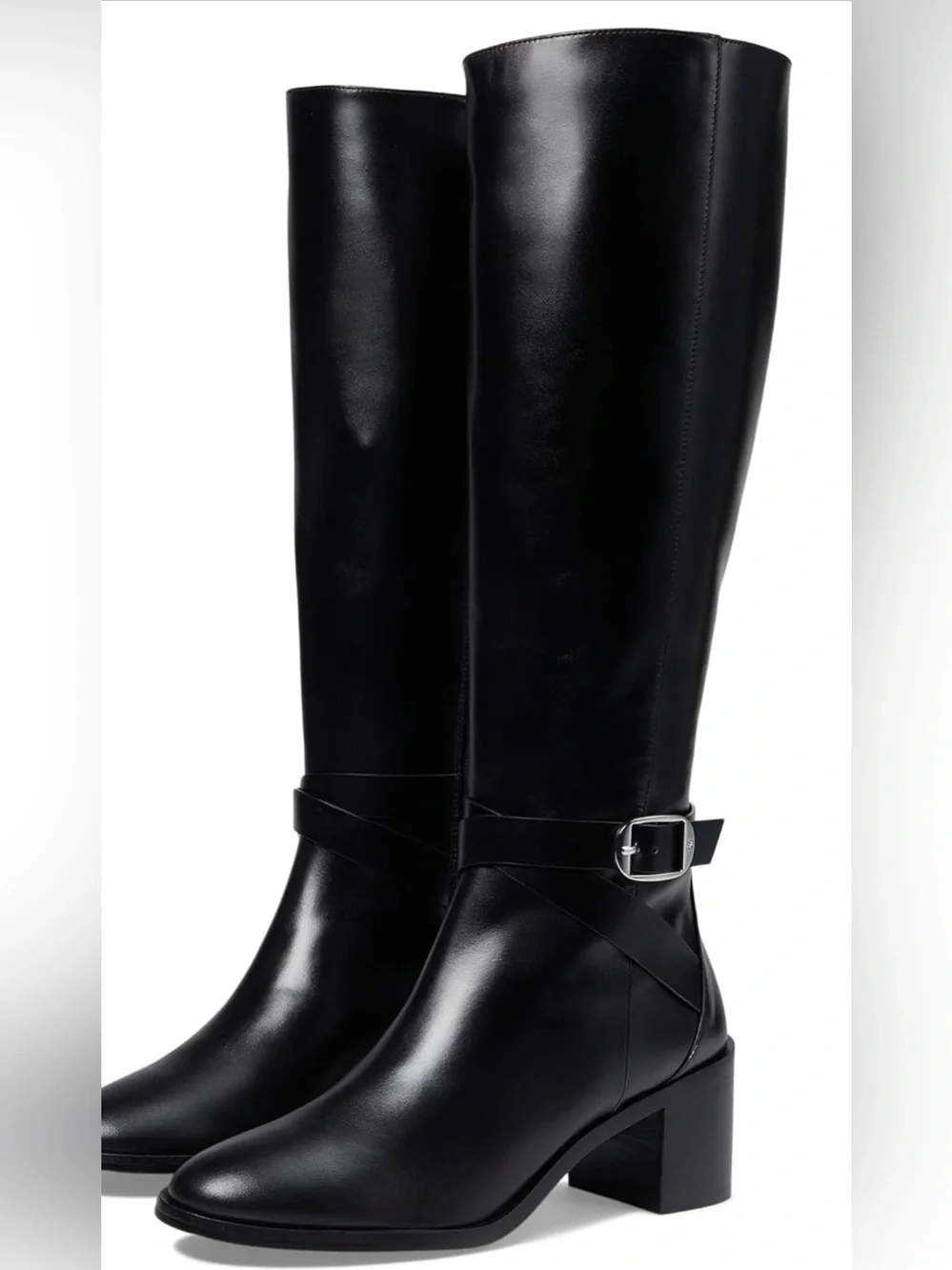 Stuart Weitzman Esme Belted Zip Black Leather Knee High Riding Boots NWOB Size 6